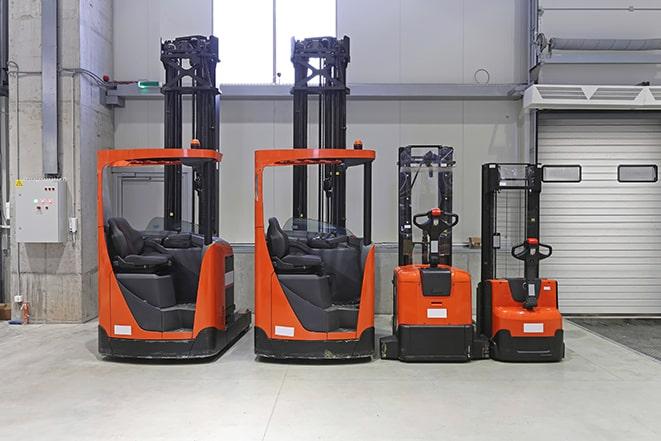 new forklifts lined up in a showroom for sale